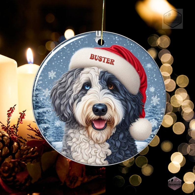 Merle Bernedoodle Ceramic Ornament, showcasing stunning blue eyes. Personalized ornament with your dogs name