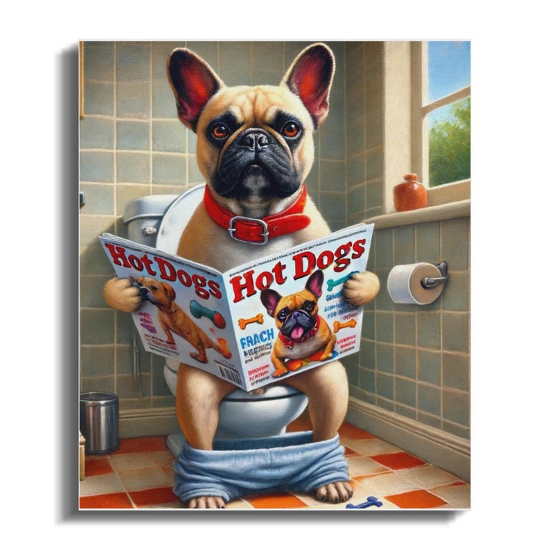 Funny French Bulldog Toilet Canvas Art: Humorous Bathroom Decor image 3