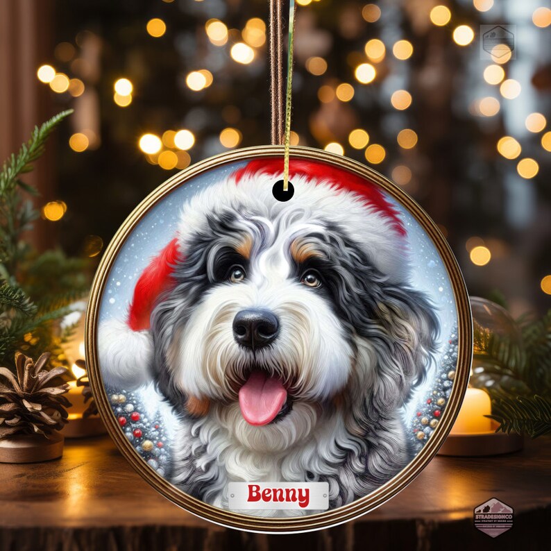 Merle Bernedoodle Fade with Hazel Eyes in a Christmas Ornament - Personalized with Your Dog's Name