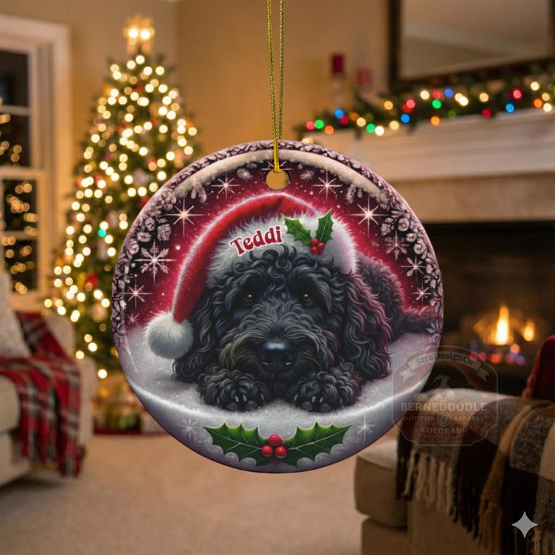 May include: Round Christmas ornament featuring a black dog wearing a Santa hat with the name "Teddi". The ornament has a red and white design with snowflakes and holly accents. A gold string is attached for hanging.