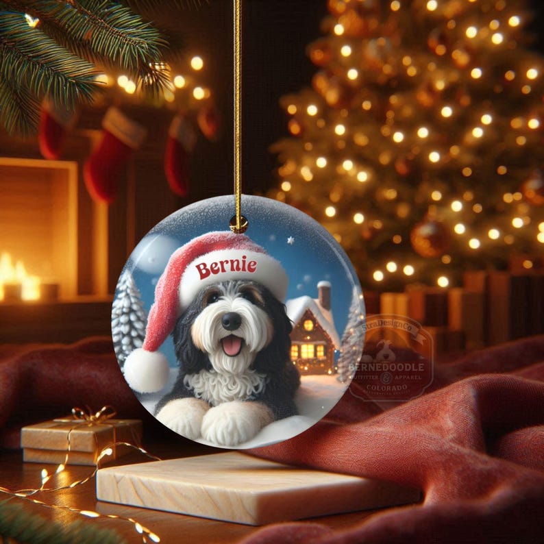 Individuell gestalteter Hunde-Ornament Bernedoodle, Weihnachtsmannmütze, festliches Erinnerungsstück (beidseitiger Sublimationsdruck, Keramik) Bild 6