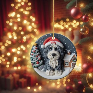 Christmas dog sheepadoodle ceramic ornament hanging on display in the Christmas living room!  Cute santa hat puppy decor, personalized pet ornament, holiday tree decoration, custom dog gift, festive pet decor.  Doodle lover Christmas decoration for Sheepadoodle Sheepa Doodle Moms!