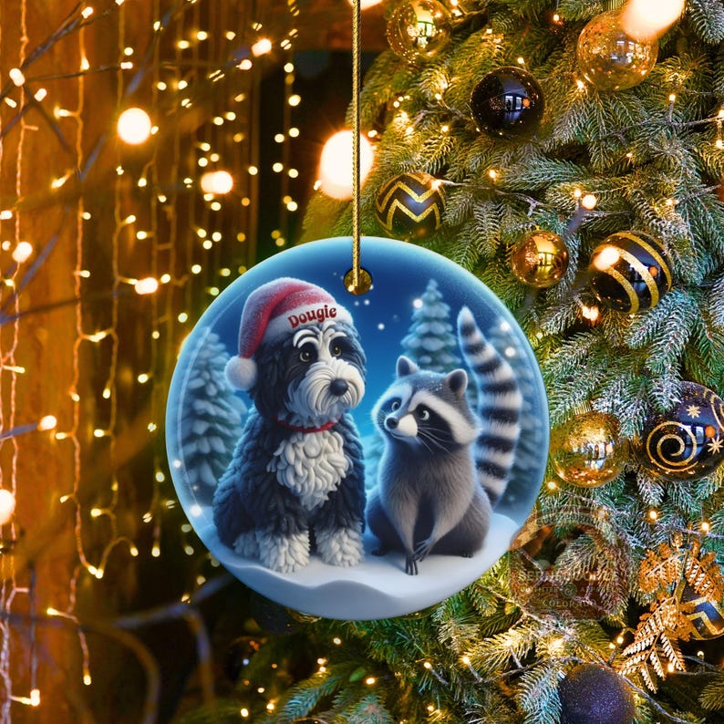 A 3-inch double-sided ceramic Christmas ornament featuring an adorable claymation-style Bernedoodle wearing a red Santa hat personalized  sitting beside a cute raccoon under a snowy winter night sky. The ornament has crisp detailing, soft blue tones, and a warm Christmas glow in the blurred background. Perfect for Bernedoodle lovers, handmade Christmas gift shoppers. High-quality ceramic with vibrant colors, ideal for tree decorating, pet memorial ornaments, or festive seasonal displays.