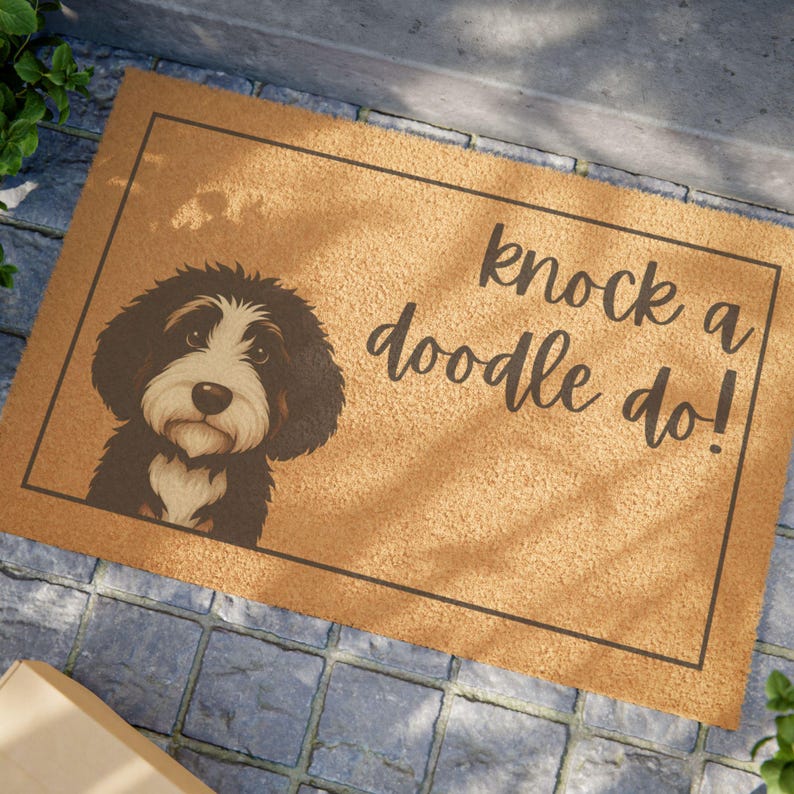 Bernedoodle Doormat: Fun Knock a Doodle Do Welcome Mat image 1