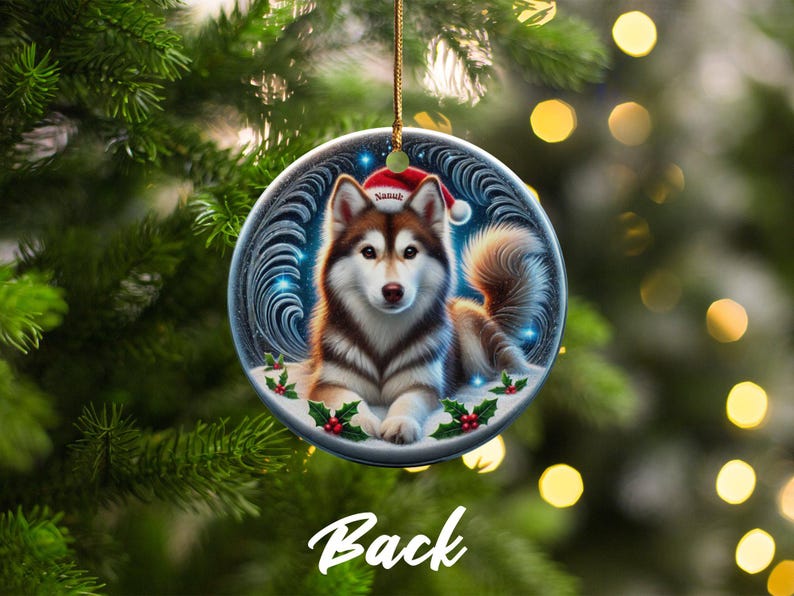 Personalized Husky Ornament, Ceramic Dog Keepsake | Two-Sided Sublimation | Brown White Pet Decor | Christmas Tree Gift image 6