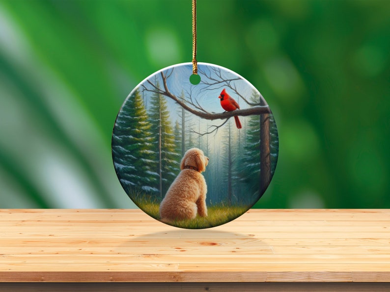 Cardinal and Goldendoodle Ornament, Stained-Glass Looking Design, Cardinal gift, Mothers Day Gift, Bird Lovers Gift, Dog Mom Gifts