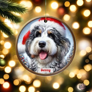 Merle Bernedoodle Fade with Hazel Eyes in a Christmas Ornament - Personalized with Your Dog's Name