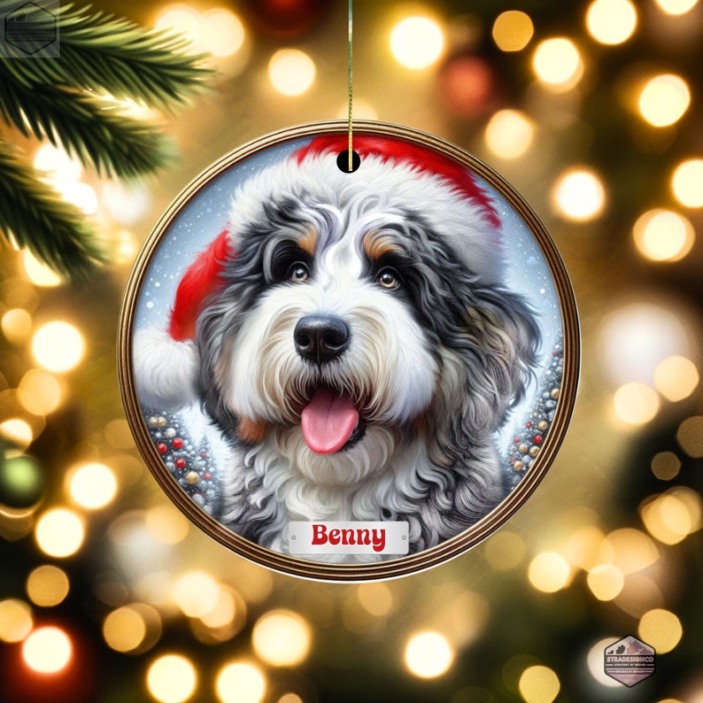 Merle Bernedoodle Fade with Hazel Eyes in a Christmas Ornament - Personalized with Your Dog's Name