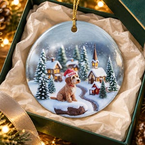 May include: A round ceramic ornament featuring a golden-colored dog wearing a red Santa hat with the name Goldie printed on it. The scene depicts a snowy winter village with evergreen trees, small houses, and a church under a light snowfall.