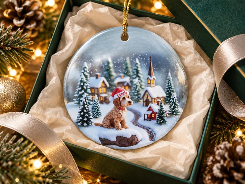 May include: A round ceramic ornament featuring a golden-colored dog wearing a red Santa hat with the name Goldie printed on it. The scene depicts a snowy winter village with evergreen trees, small houses, and a church under a light snowfall.