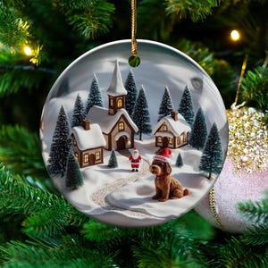 Christmas tree ornament with snowy village scene, festive holiday decoration, winter wonderland hanging decor, Xmas gift idea