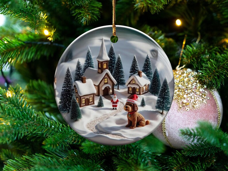 Christmas tree ornament with snowy village scene, festive holiday decoration, winter wonderland hanging decor, Xmas gift idea