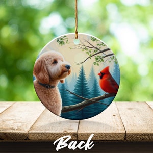 Cardinal and Doodle Dog Ceramic Ornament, Oil Paint Design image 6