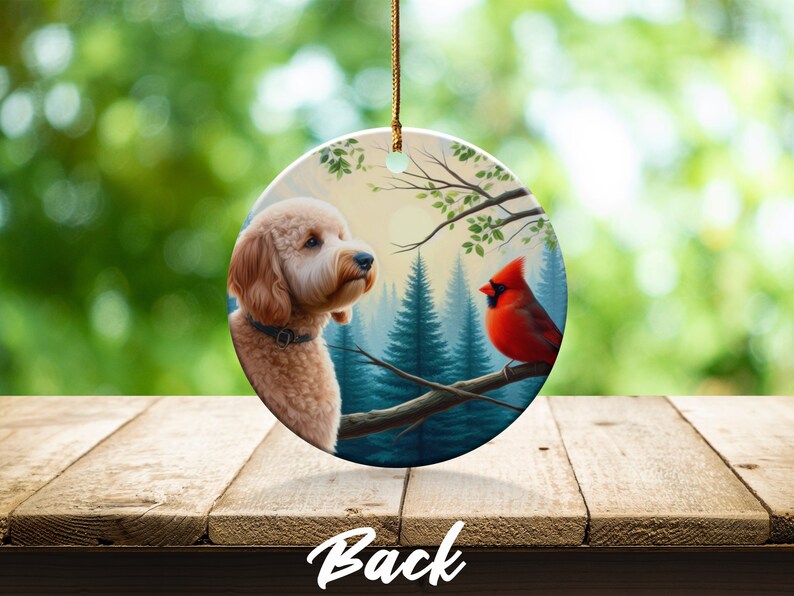 Cardinal and Doodle Dog Ceramic Ornament, Oil Paint Design image 6