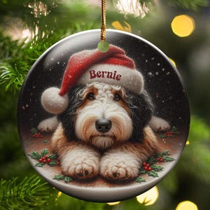Dog Ornament Santa, Ceramic Bernedoodle Keepsake | Glossy Sublimation - 3 Inch Festive Pet Decoration | Gold String Hanger image 6