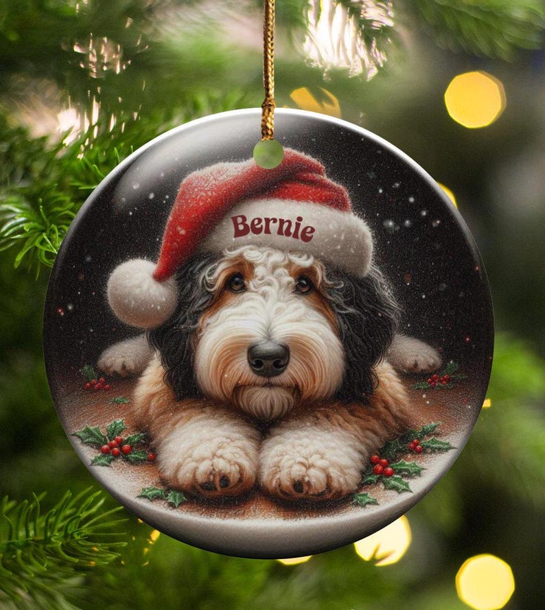 Dog Ornament Santa, Ceramic Bernedoodle Keepsake | Glossy Sublimation - 3 Inch Festive Pet Decoration | Gold String Hanger image 6
