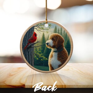 Cardinal and Bernedoodle Dog Ceramic Ornament, Oil Paint Design image 4