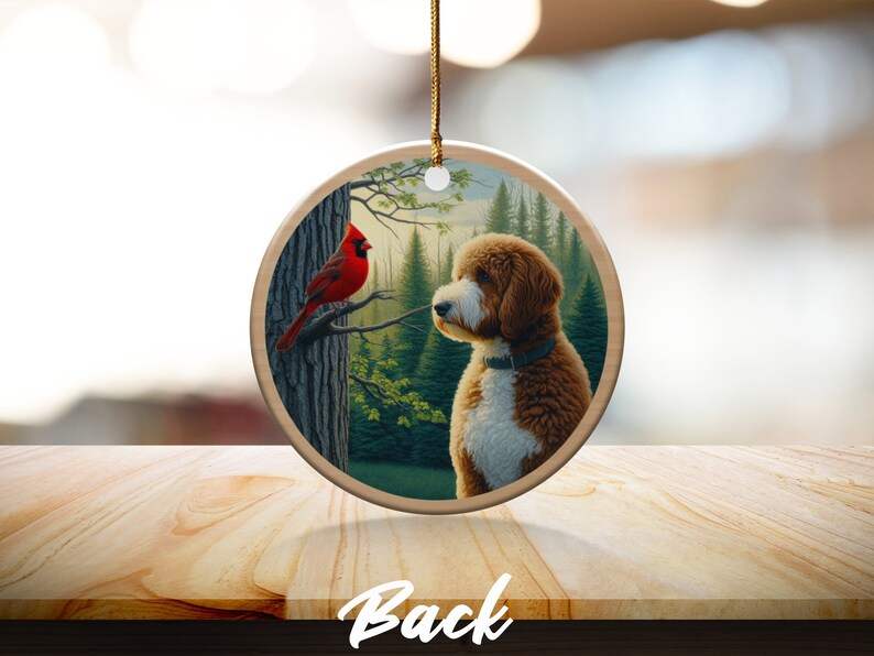 Cardinal and Bernedoodle Dog Ceramic Ornament, Oil Paint Design image 4