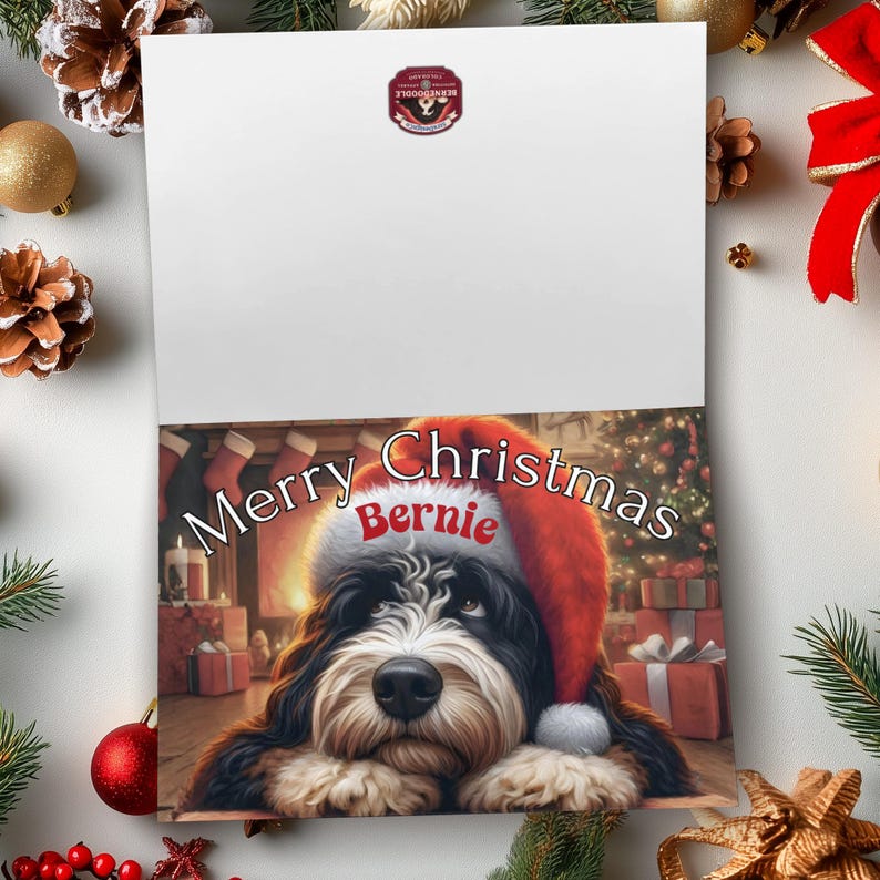 Merry Christmas Card with Cute Dog, Christmas Card with Santa Hat Dog, Adorable Christmas Greeting Card
