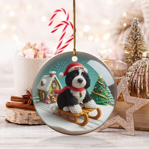 Dog Sled Snowglobe, Custom Bernedoodle Ornament | Ceramic | Double-Sided Sublimation Print, Holiday Tree Charm, 3 Inch immagine 2