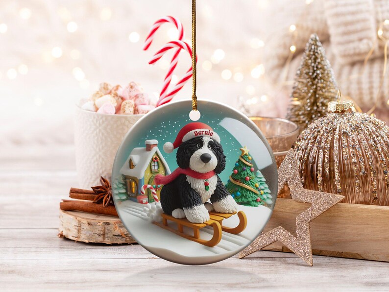 Dog Sled Snowglobe, Custom Bernedoodle Ornament | Ceramic | Double-Sided Sublimation Print, Holiday Tree Charm, 3 Inch immagine 2