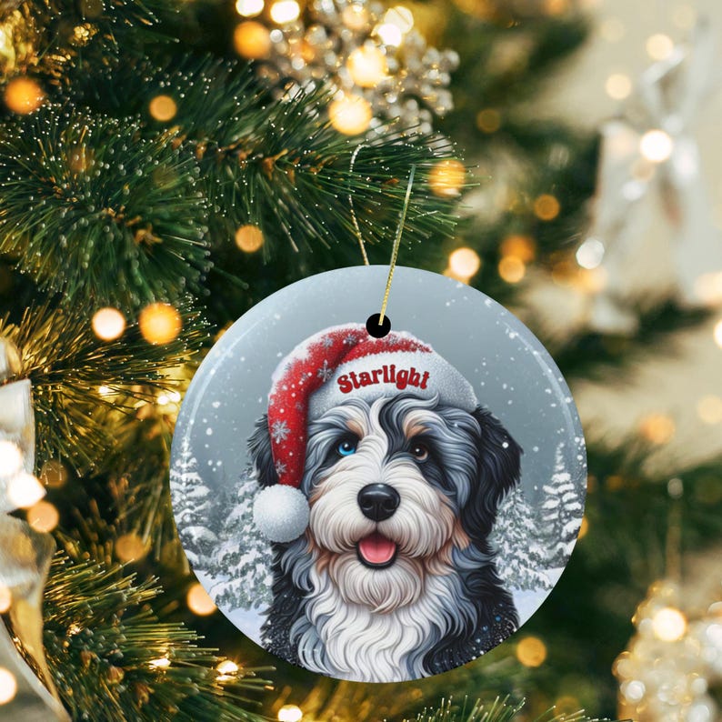 Merle Bernedoodle Ceramic Ornament, showcasing stunning blue and brown eyes. Personalized ornament with your dogs name