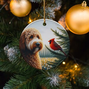 Cardinal and Doodle Dog Ceramic Ornament, Oil Paint Style Design, Cardinal Lovers Gift, Mothers Day, Bird Lovers, Custom Crafted Design Gift