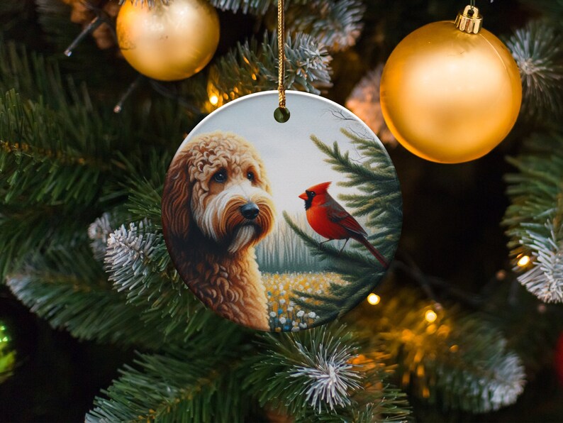 Cardinal and Doodle Dog Ceramic Ornament, Oil Paint Style Design, Cardinal Lovers Gift, Mothers Day, Bird Lovers, Custom Crafted Design Gift