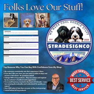 Puede incluir: Anuncio de una tienda de Etsy con productos tem&aacute;ticos de Bernedoodle, rese&ntilde;as de clientes y el texto "Folks Love Our Stuff!". Tambi&eacute;n se incluye el logotipo de la tienda y una foto del propietario. La tienda destaca dise&ntilde;os &uacute;nicos y un excelente servicio al cliente.