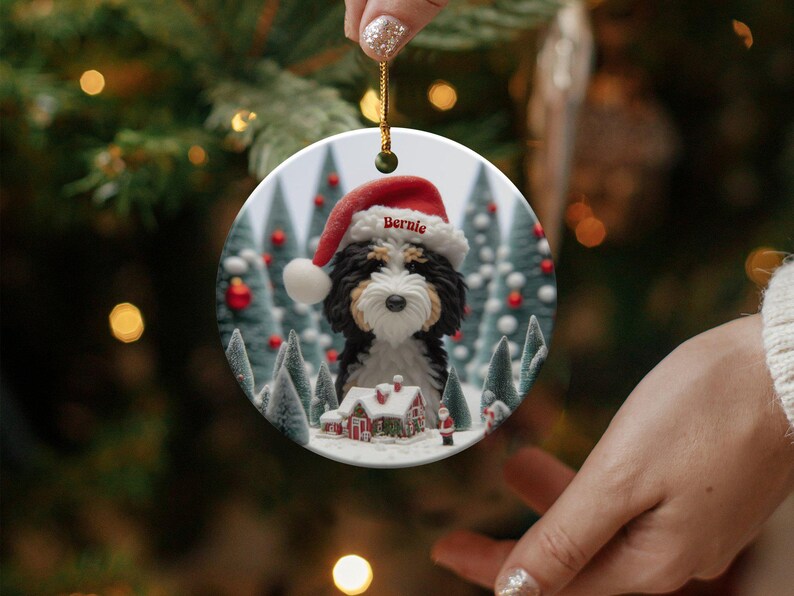 Custom Dog Ornament, Bernedoodle Christmas Gift - Two Sided Sublimation Ceramic Keepsake - Santa Hat Pup Holiday Decor image 8