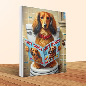 Red long-haired dachshund using the restroom on toilet reading a magazine like a human.