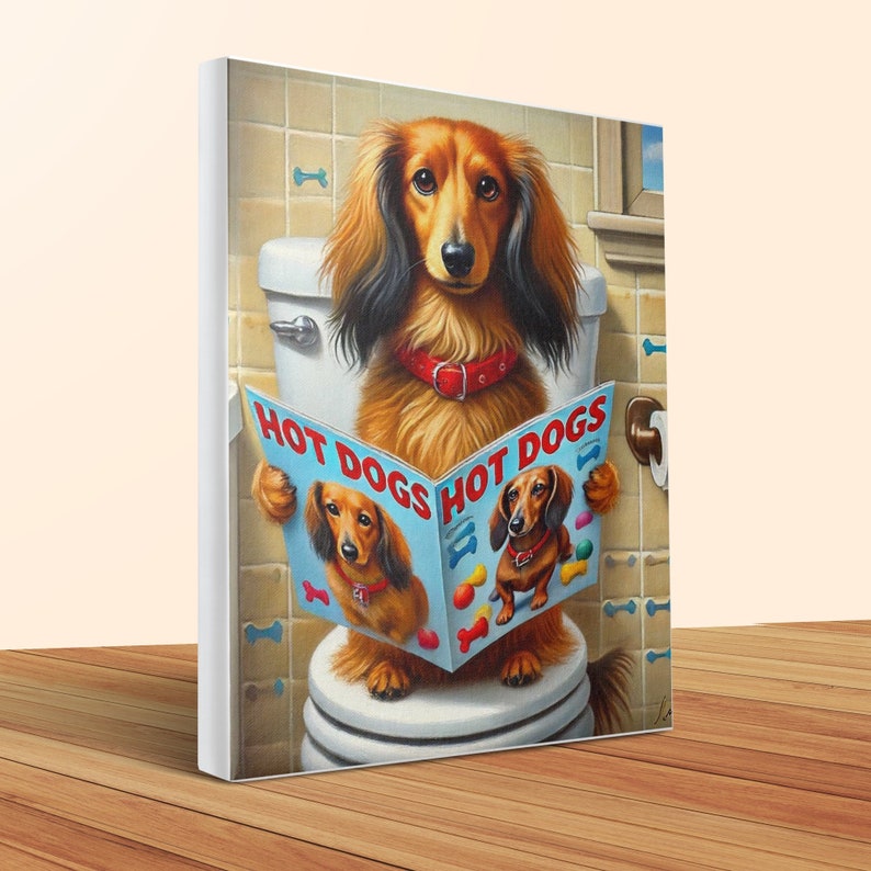 Red long-haired dachshund using the restroom on toilet reading a magazine like a human.
