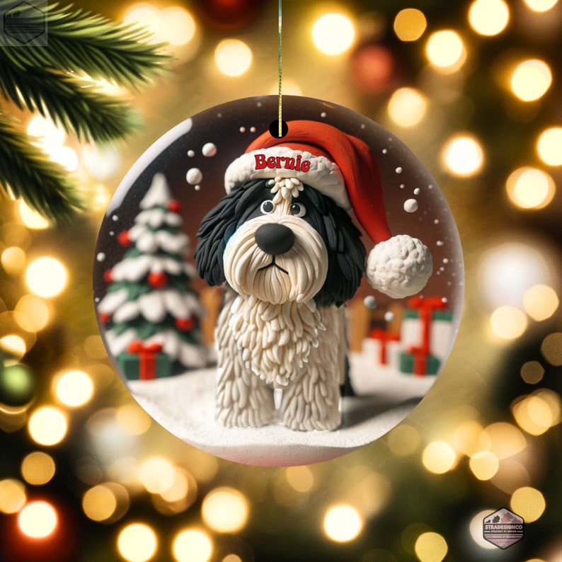 Clay-mation style bernedoodle dog inside of a snowglobe.