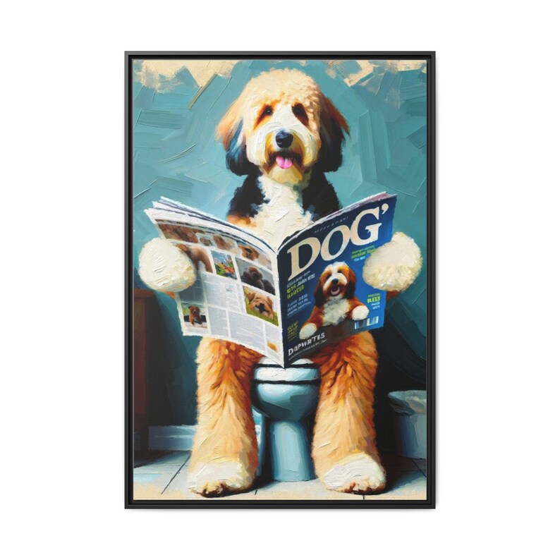 Divertido dibujo de un perro en el baño: Garabato leyendo el periódico imagen 3