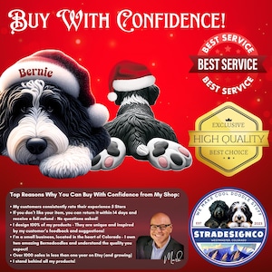 May include: A festive image featuring two Bernedoodle dogs wearing Santa hats against a red background. The text "Buy With Confidence" is displayed at the top. The image also includes badges for "Best Service" and "High Quality".
