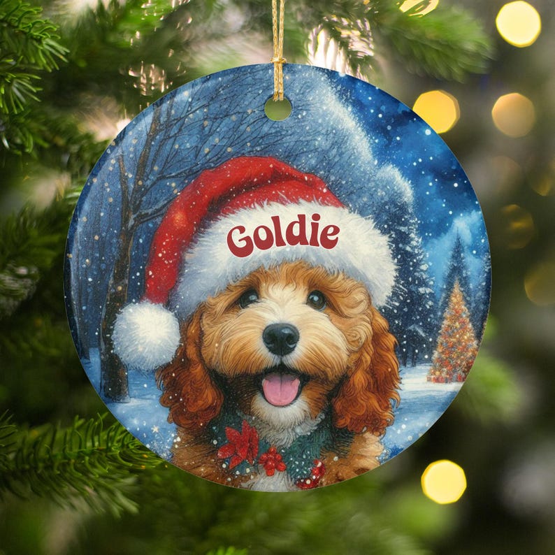 Personalized Dog Christmas Ornament, Custom Pet Name Holiday Decor, Cute Puppy Santa Hat Christmas Tree Decoration
