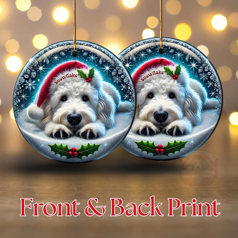 May include: Two round Christmas ornaments featuring a white dog wearing a red Santa hat with the word "Snowflake". The ornaments have a winter scene background with snowflakes and holly. The text "Front & Back Print" is at the bottom.
