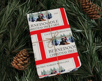 Kerstcadeaupapier met Bernedoodle-hondenthema – Feestelijk ontwerp voor doodle-liefhebbers