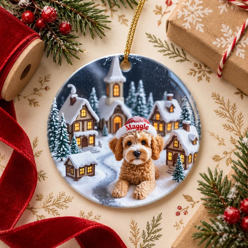 May include: A round ceramic Christmas ornament featuring a golden-brown curly-haired dog wearing a white Santa hat with the name Maggie printed in red. The background depicts a snowy village scene with houses and a church at night.