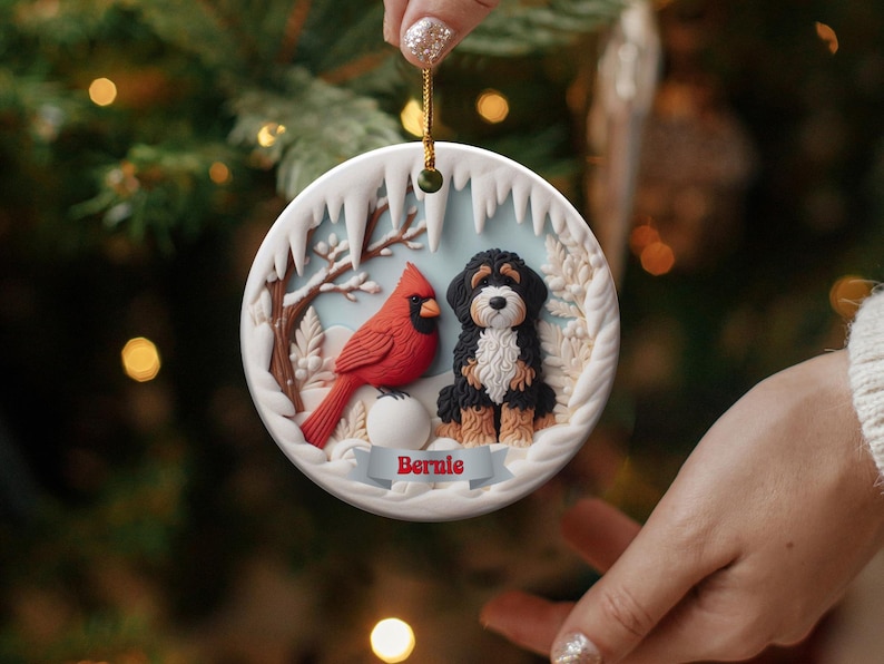 Bernedoodle och kardinalprydnad, vinterscen, present till husdjursälskare bild 1