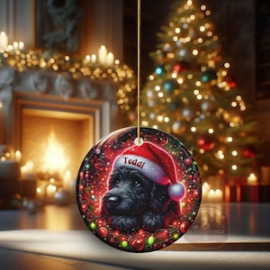 May include: A round Christmas ornament featuring a black dog wearing a Santa hat with the name "Teddi". The ornament has a festive design with red, green, and gold accents, and a gold string for hanging. The background includes a Christmas tree and fireplace.