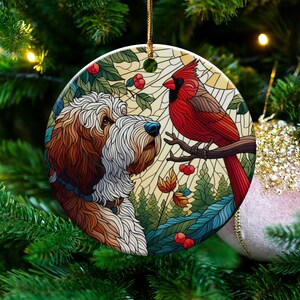 Doodle Dog and Cardinal Ceramic Ornament, Faux Stained Glass Design image 2