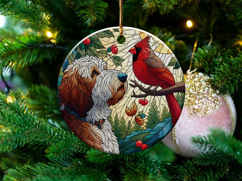 Doodle Dog and Cardinal Ceramic Ornament, Faux Stained Glass Design image 2