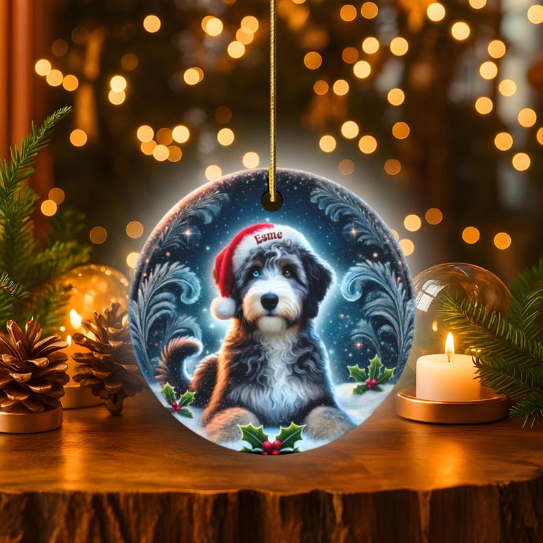 Merle Bernedoodle, Personalized Santa Hat Ornament | Sublimation Ceramic | Custom Dog Lover Gift image 1