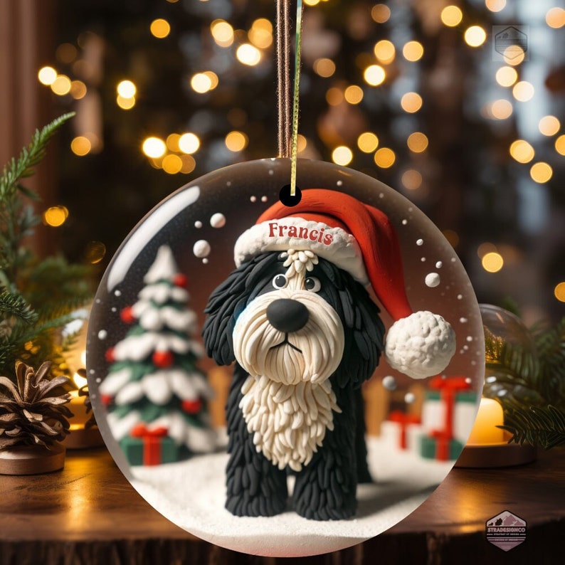 Cute Bernedoodle Ornament featuring a clay style ornament peering at the magic of Christmas.  Personalized Ornament and great gift for any doodle mom or doodle dad.