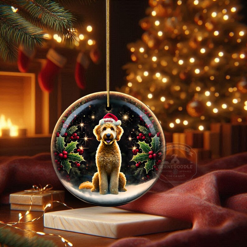May include: A round Christmas ornament featuring a golden doodle dog wearing a Santa hat. The ornament has a snowy scene with holly and berries. The background includes a Christmas tree and a fireplace.