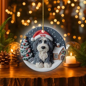 Christmas dog sheepadoodle ceramic ornament hanging on display in the Christmas living room!  Cute santa hat puppy decor, personalized pet ornament, holiday tree decoration, custom dog gift, festive pet decor.  Doodle lover Christmas decoration for Sheepadoodle Sheepa Doodle Moms!