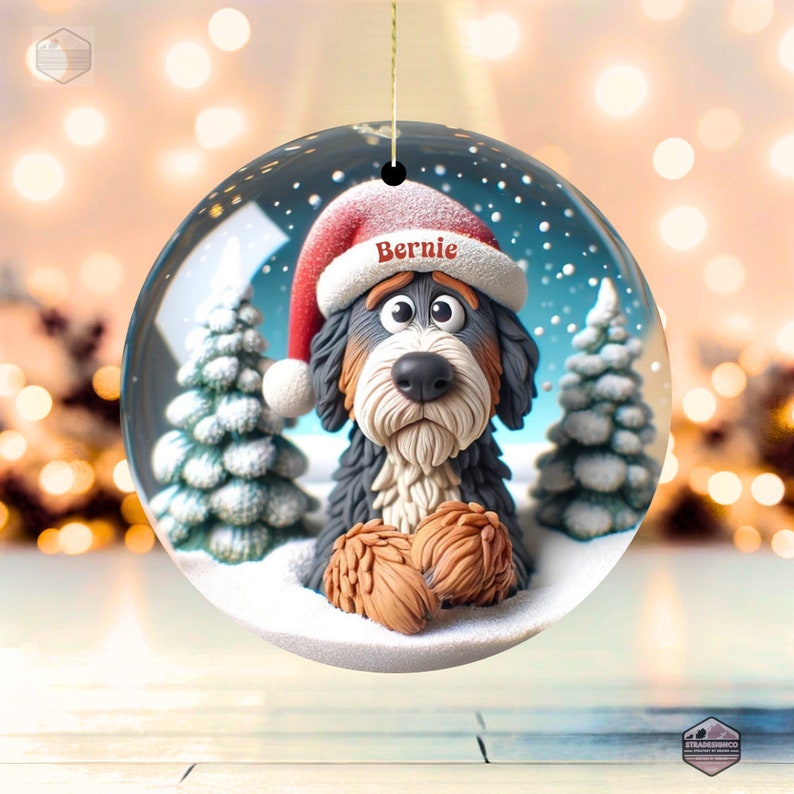 Cute clay style bernedoodle looking worried that Santa isn't coming.  Personalized bernedoodle ornament.