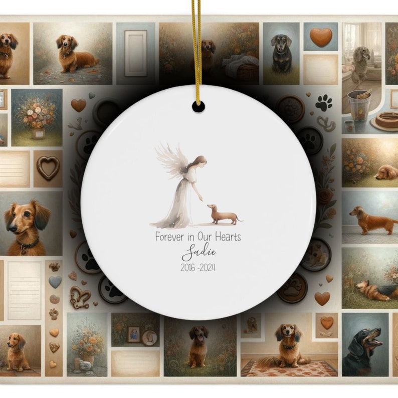 Personalized Doxie Dachshund Tribute ornament, Memorial Watercolor Design, Pet's Name Gift, Custom Pet Name Gift, Personalized Pet Tribute Ceramic Ornament, Pet Loss Gift
