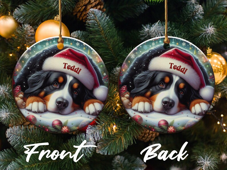 Bernese Mountain Dog Ornament, Custom Name Pet Keepsake | Double-Sided Ceramic | 3-Inch Sublimation Holiday Tree Decor immagine 3